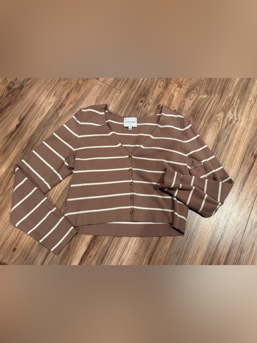 Pink Rose Brown & Cream Striped Button-Up Cropped Cardigan